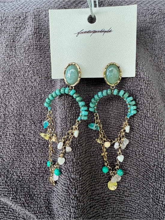 Free People Jewelry - Free People Turquoise Beaded Hoop Dangle Earrings with Gold Accents